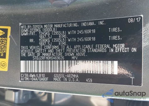 2017 Toyota Highlander Xle from USA, damaged, VIN 5TDJZRFH0HS469626